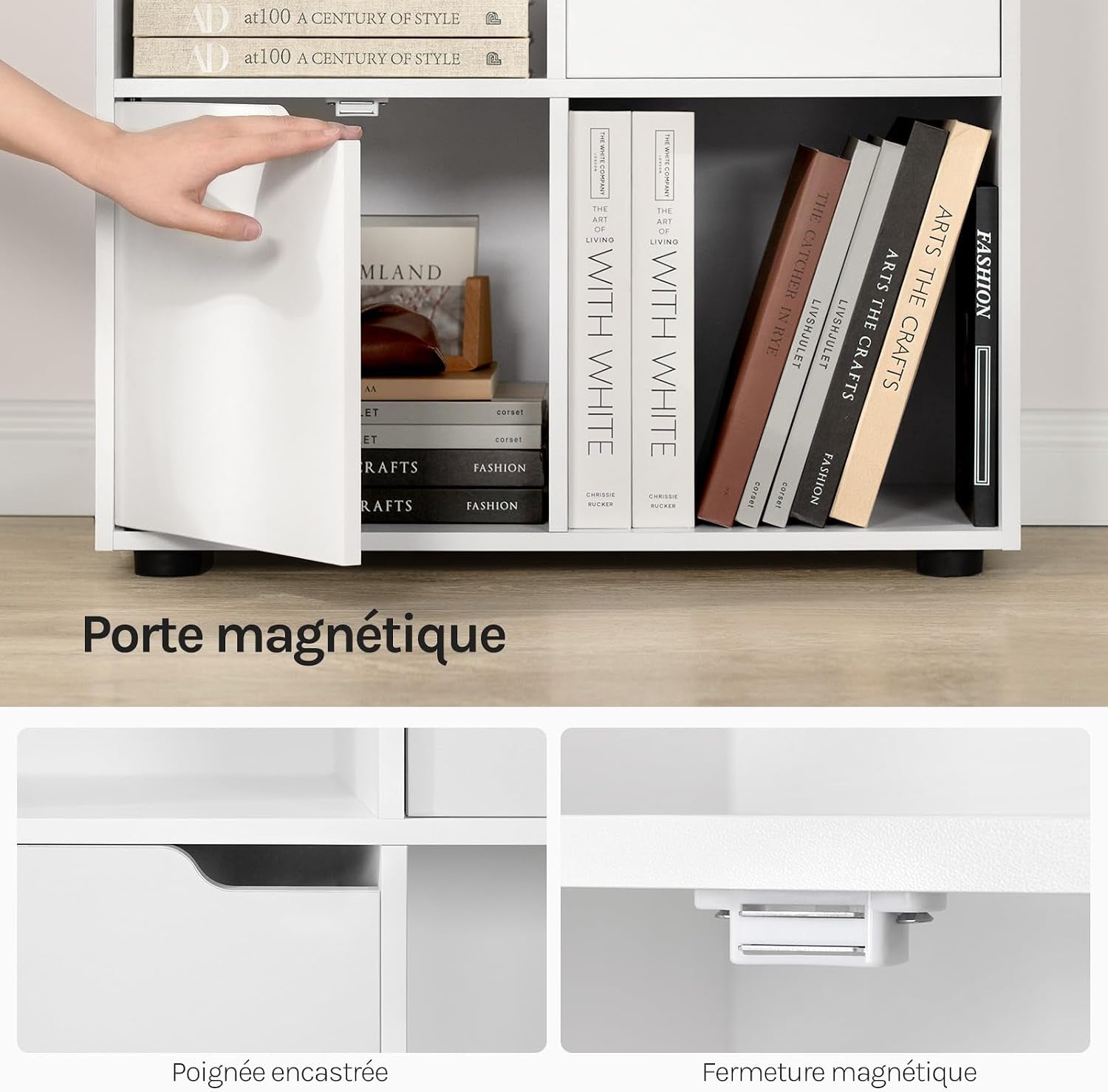 Bibliothèque Étagère De Rangement, Meuble Cube 59,6X29X91Cm | En MDF Pour Salon Bureau Avec 3 Portes 6 Compartiments, Blanc
