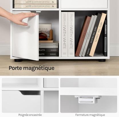 Bibliothèque Étagère De Rangement, Meuble Cube 59,6X29X91Cm | En MDF Pour Salon Bureau Avec 3 Portes 6 Compartiments, Blanc