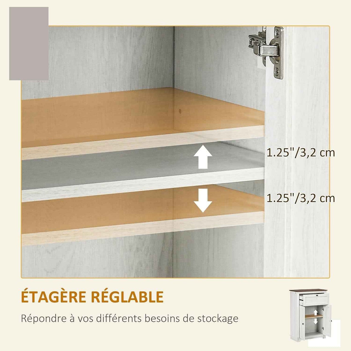 Buffet De Cuisine Multi-Rangements 2 Portes 60 X 30 X 87,5 Cm Blanc | Étagère Réglable, 1 Tiroir, Design Campagne, Pour Salon Chambre Cuisine