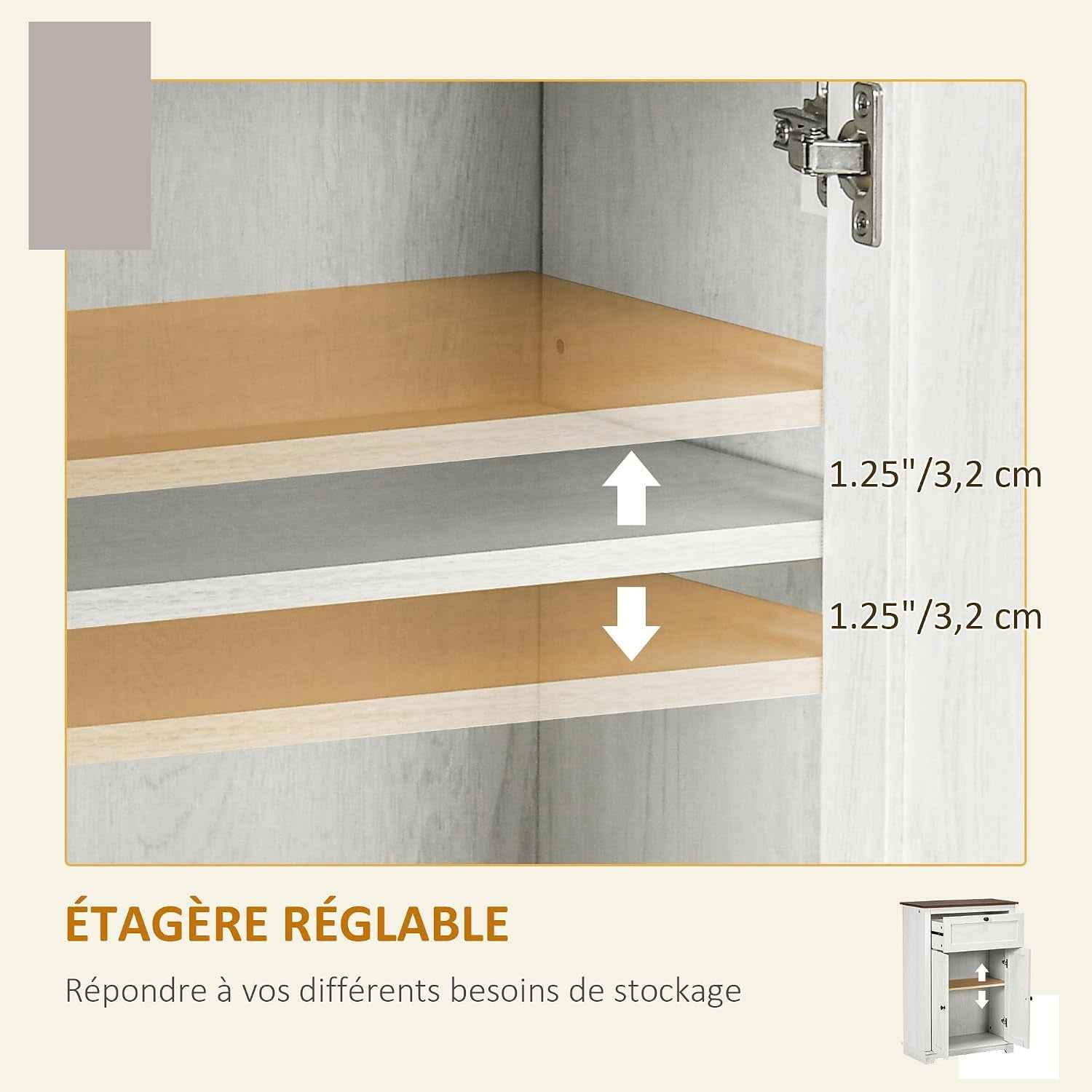 Buffet De Cuisine Multi-Rangements 2 Portes 60 X 30 X 87,5 Cm Blanc | Étagère Réglable, 1 Tiroir, Design Campagne, Pour Salon Chambre Cuisine