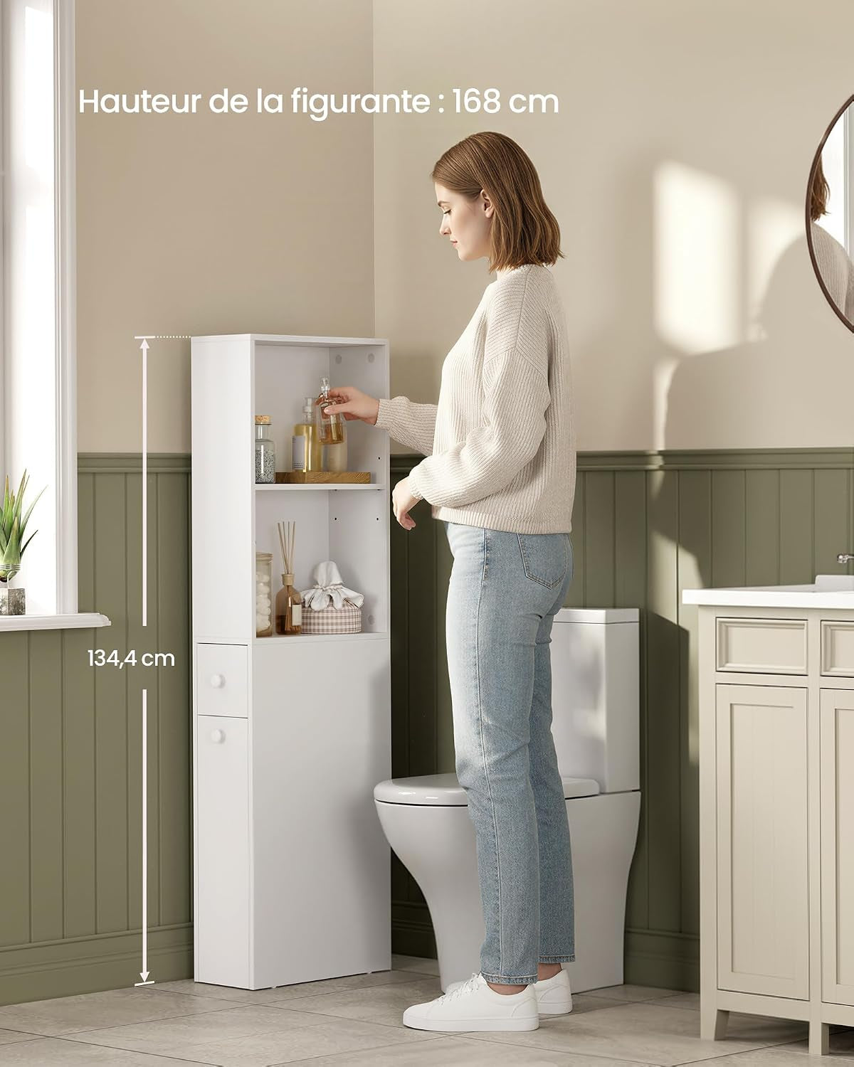 Custos Collection - Meuble De Salle De Bain Haut Et Fin, Colonne De Rangement Avec Tiroirs Et Étagère Réglable, Armoire Pour Petits Espaces, Style Moderne, Blanc Classique BBK567T14V1