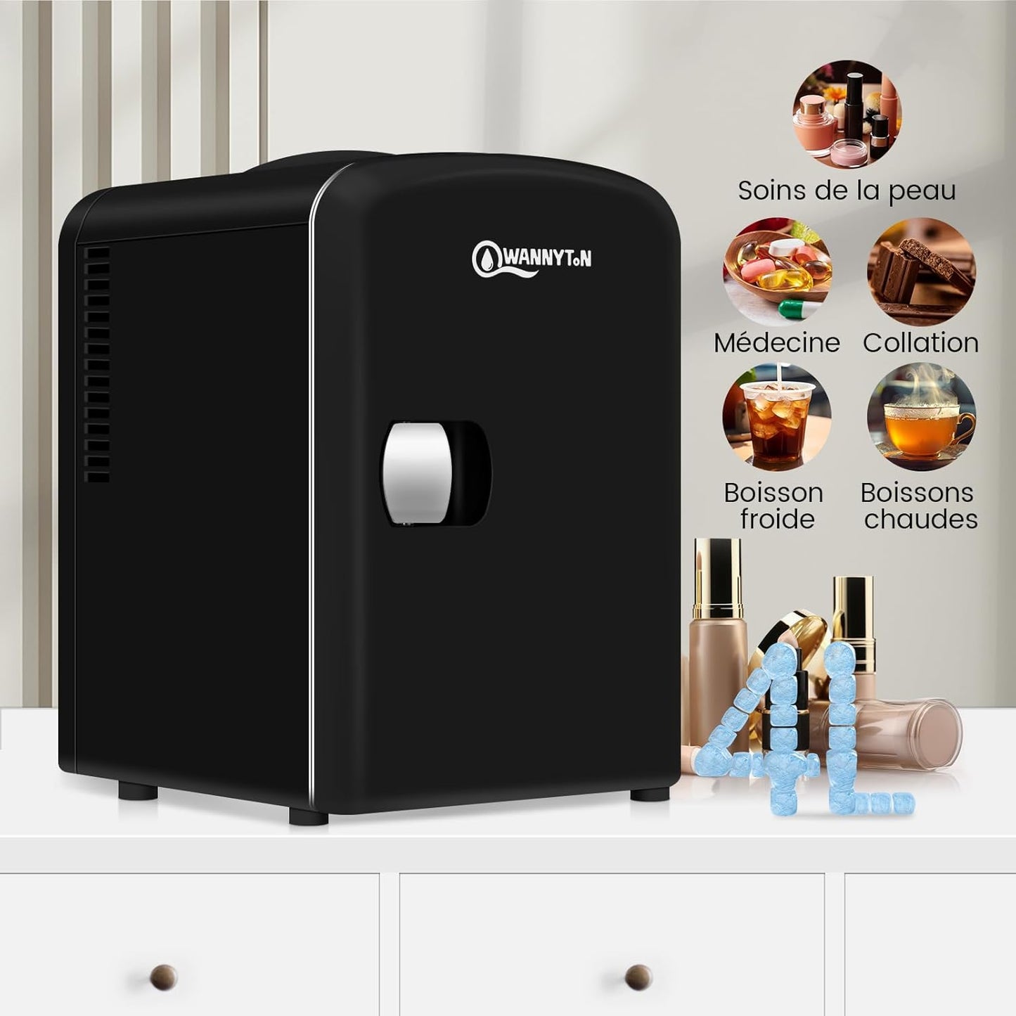 Mini Frigo Portable 4L, Mini Réfrigérateur Cosmétique, Mini Glacière Électrique, Fonction Froid/Chaud, Avec Câble AC 220V/ DC 12V Pour Voiture, Bureau, Chambre (Noir)