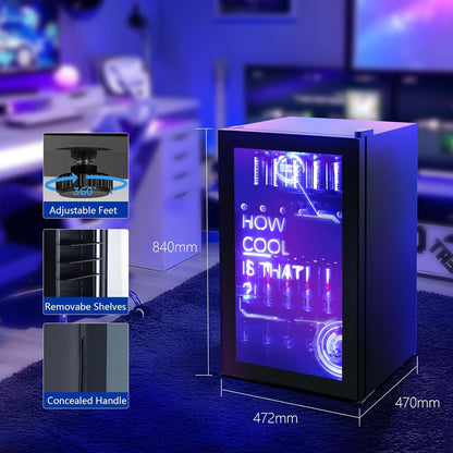 Réfrigérateur Pour Boissons, Mini Frigo Avec Éclairage Moderne Cyberpunk, 98L Petit Frigo Silencieux De 0-10°C, Mini Bar Intérieur, Pour Salle De Jeux, Fête, Noir.