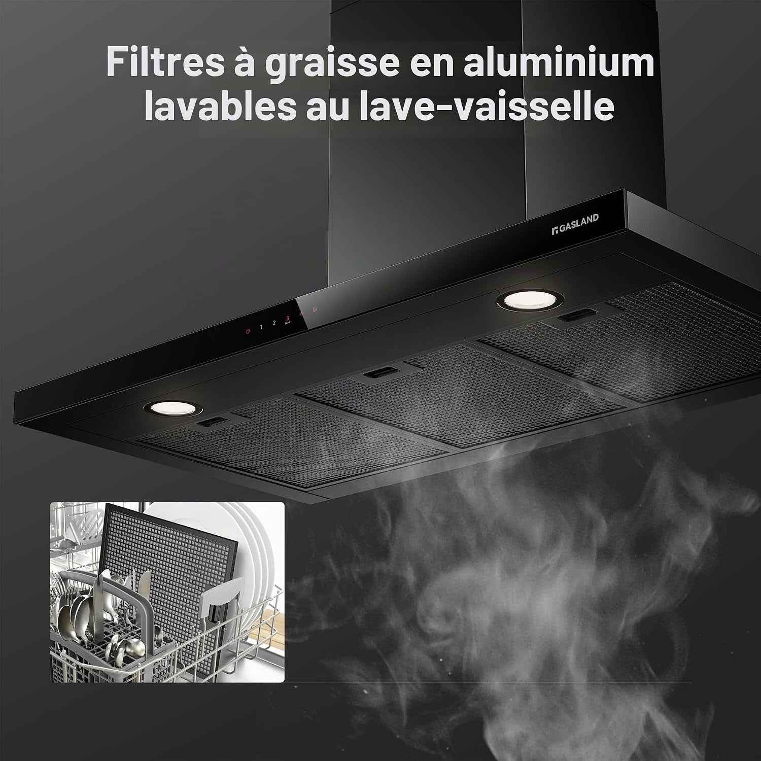 TR90BS A++ Hotte Aspirante 90Cm Umluft, Hotte Murale 881M³/H Commande Tactile 4 Niveaux Incl. Booster Extraction Montage Murale Avec Filtre À Charbon Actif CF176