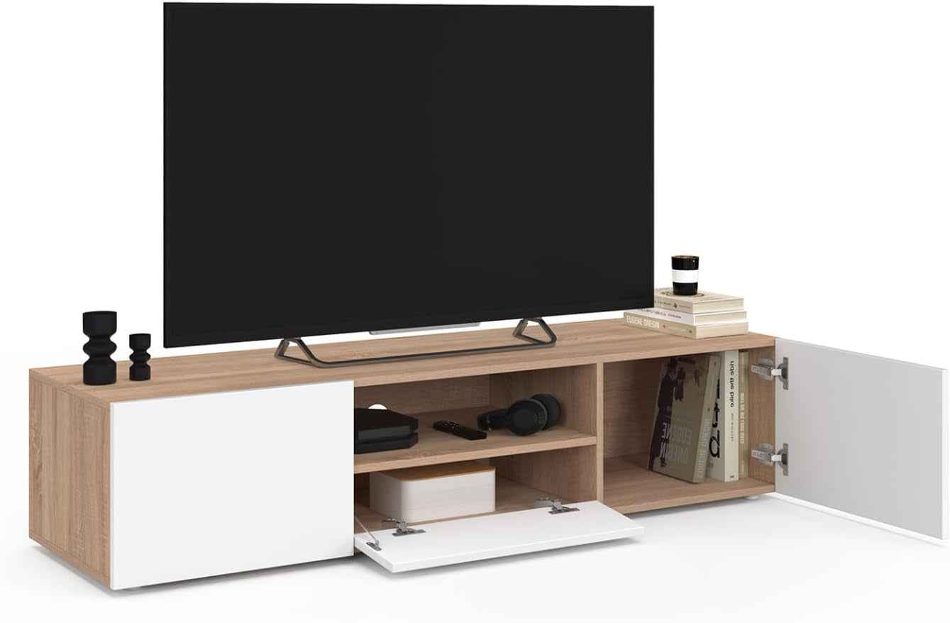 - Meuble TV 140 Cm ELI Bois Façon Hêtre Portes Blanches