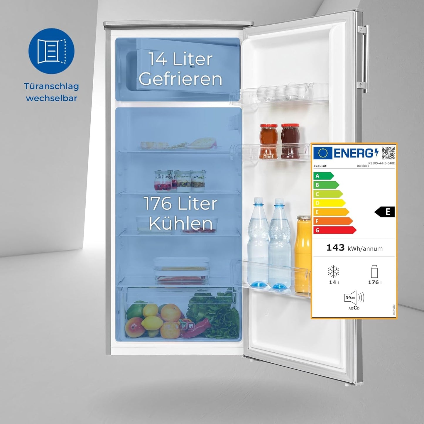 Exquisit KS185-4-HE-040E Standkühlschrank, 55 Cm Breit, 190L, Temperatureinstellung, Flaschenregal, Eierablage, Gemüseschublade, Inoxfarben