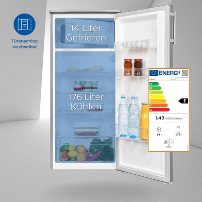 Exquisit KS185-4-HE-040E Standkühlschrank, 55 Cm Breit, 190L, Temperatureinstellung, Flaschenregal, Eierablage, Gemüseschublade, Inoxfarben