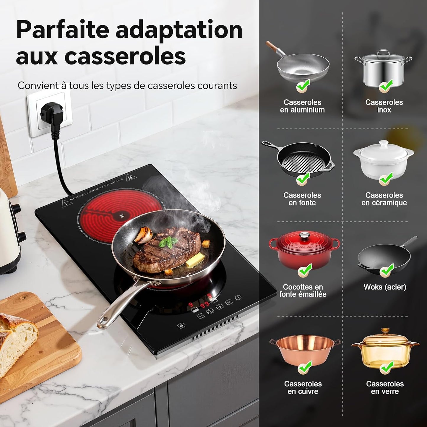 Plaque Vitrocéramique 2 Feux, Plaque De Cuisson Electrique 3000W | Avec Prise, 30Cm Encastrable/Portable, 9 Niveaux, Commande Tactile, Arrêt Automatique, Pour Toutes Les Poêles