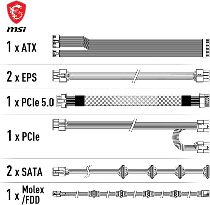 MSI MAG A750GL PCIE5 Alimentation Modulaire ATX 3.1, 80 plus Gold | 750W, Compatible Pcie 5.0, Ventilateur FDB 120Mm, Full-Bridge LLC, Câbles Plats Noirs, Garantie 7 Ans