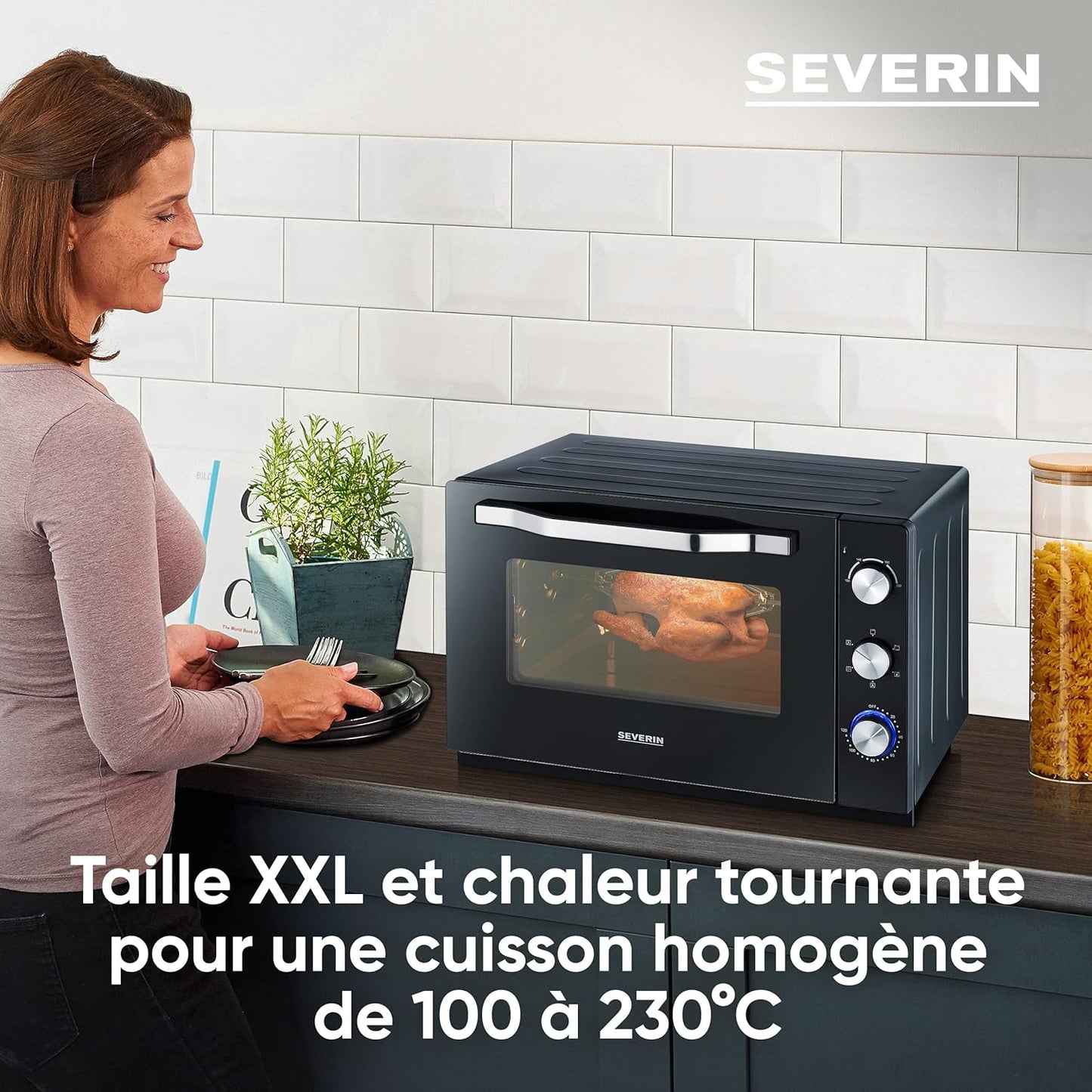 Four Posable XXL À Chaleur Tournante 60 L Avec Pierre À Pizza Et Tournebroche 2 200 W Design Simple Et Élégant, Four Électrique Avec Minuteur 120 Min, Noir/Inox, to 2073