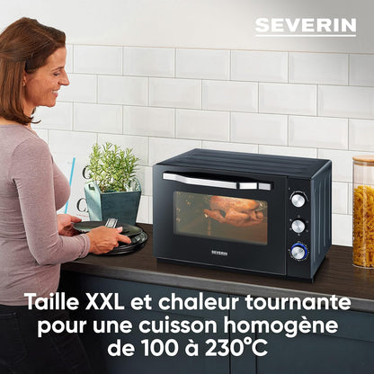 Four Posable XXL À Chaleur Tournante 60 L Avec Pierre À Pizza Et Tournebroche 2 200 W Design Simple Et Élégant, Four Électrique Avec Minuteur 120 Min, Noir/Inox, to 2073