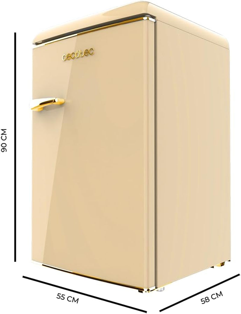 Mini Frigo Réfrigérateur Rétro Bolero Coolmarket TT Origin 110 Beige E. Mini Frigo Rétro Avec Une Capacité De 110L, Classe E, Icebox, LED Intérieur, Poignée Chromée, Plateaux En Verre