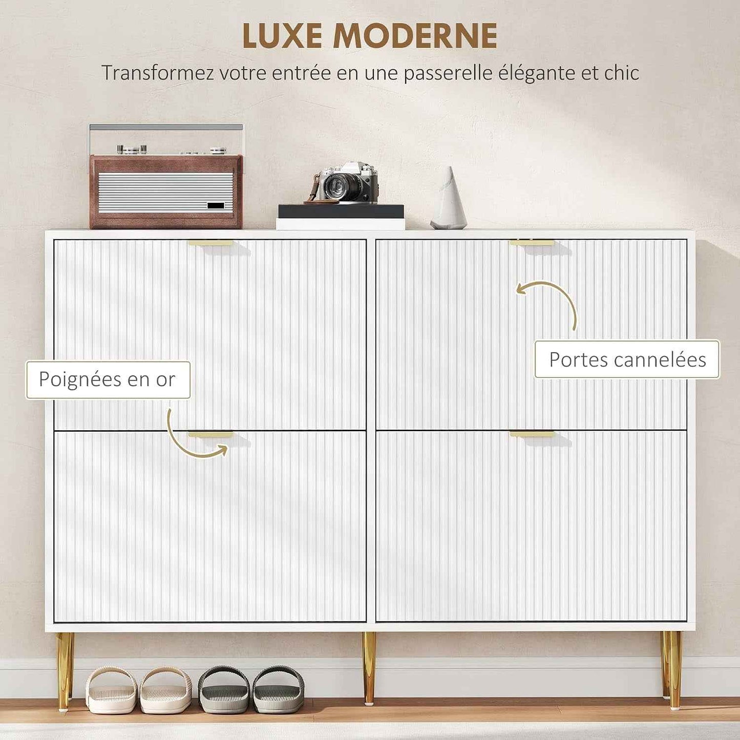 Meuble À Chaussures 20 Paires 4 Tiroirs 105 X 24 X 91,5 Cm Blanc | Armoire À Chaussures Étroite Moderne, Portes Cannelées, Étagères Réglables, Pour Couloir Et Entrée