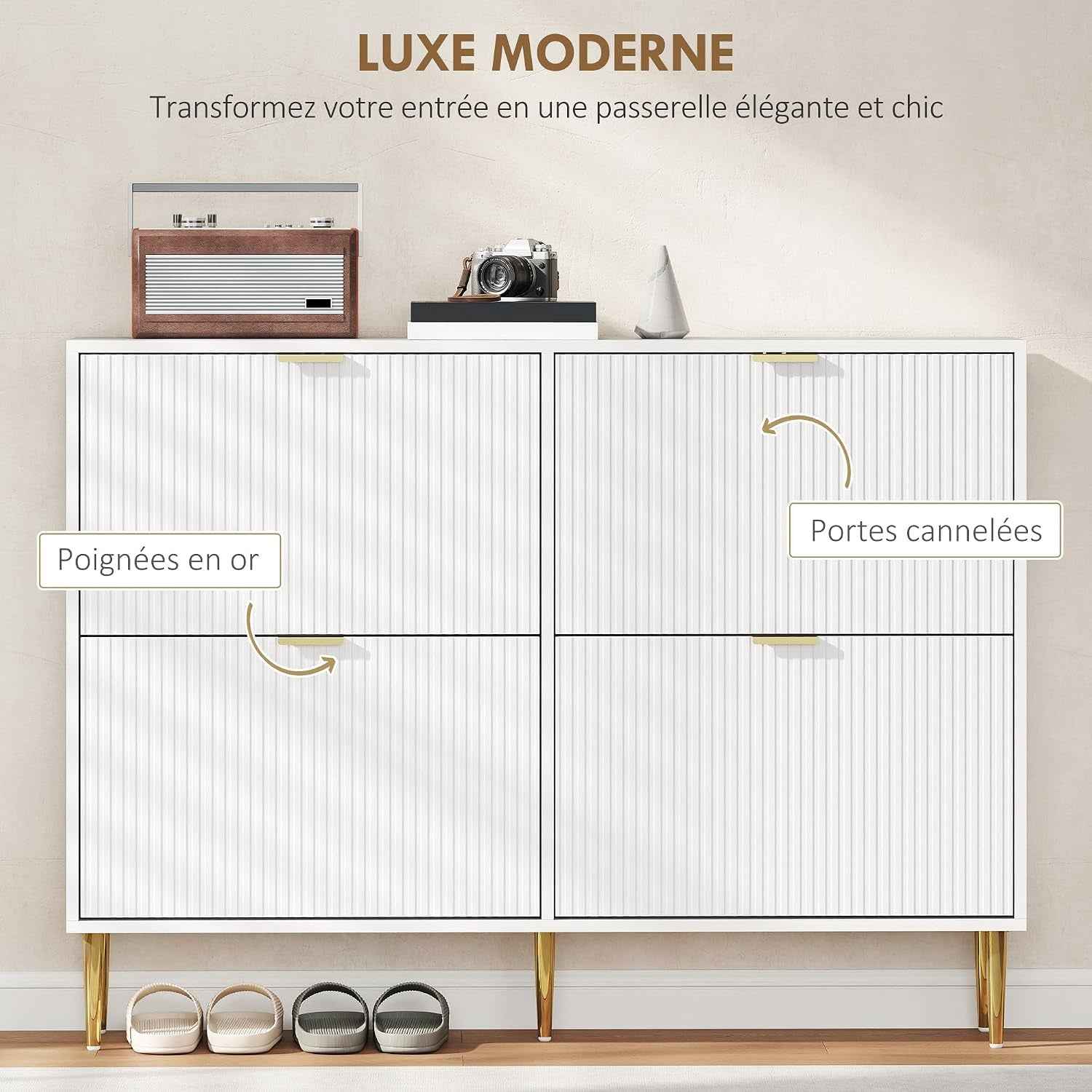 Meuble À Chaussures 20 Paires 4 Tiroirs 105 X 24 X 91,5 Cm Blanc | Armoire À Chaussures Étroite Moderne, Portes Cannelées, Étagères Réglables, Pour Couloir Et Entrée