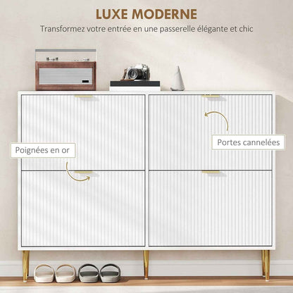 Meuble À Chaussures 20 Paires 4 Tiroirs 105 X 24 X 91,5 Cm Blanc | Armoire À Chaussures Étroite Moderne, Portes Cannelées, Étagères Réglables, Pour Couloir Et Entrée