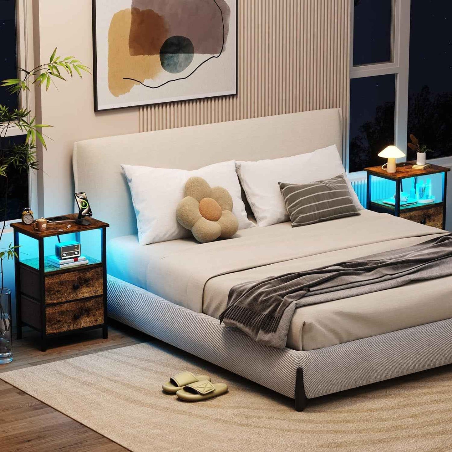 Lot De 2 Tables De Chevet, Table De Nuit Avec Prise Intégrée LED | Table D'Appoint Avec 2 Tiroirs Et Compartiment Ouvert, Pour Chambre, Salon Ou Canapé, Marron EHETS02BR