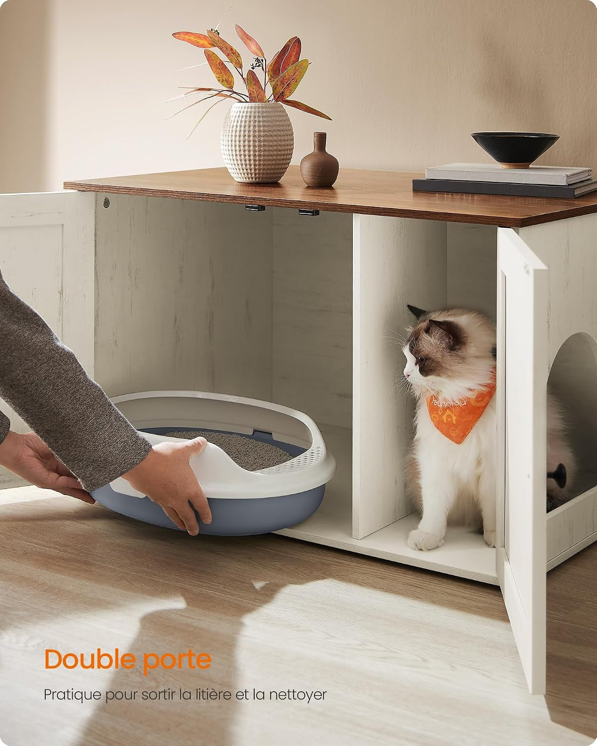 Maison De Toilettes Pour Chat, Niche, Meuble Litière Chat, Avec Séparateur Amovible, Cache-Litière, Table Basse, 80 X 53 X 50 Cm, Marron Miel Et Blanc Rustique PCL002P01V1