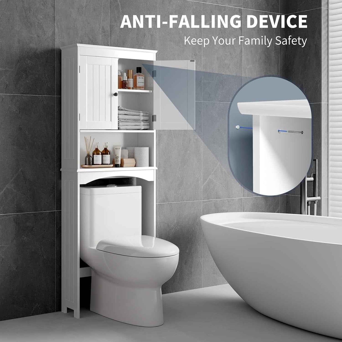 Meuble WC, Étagère De Toilettes Sur Pied, Meuble Toilette Avec 2 Portes, Étagères Réglables Et Compartiments Ouverts, Blanc