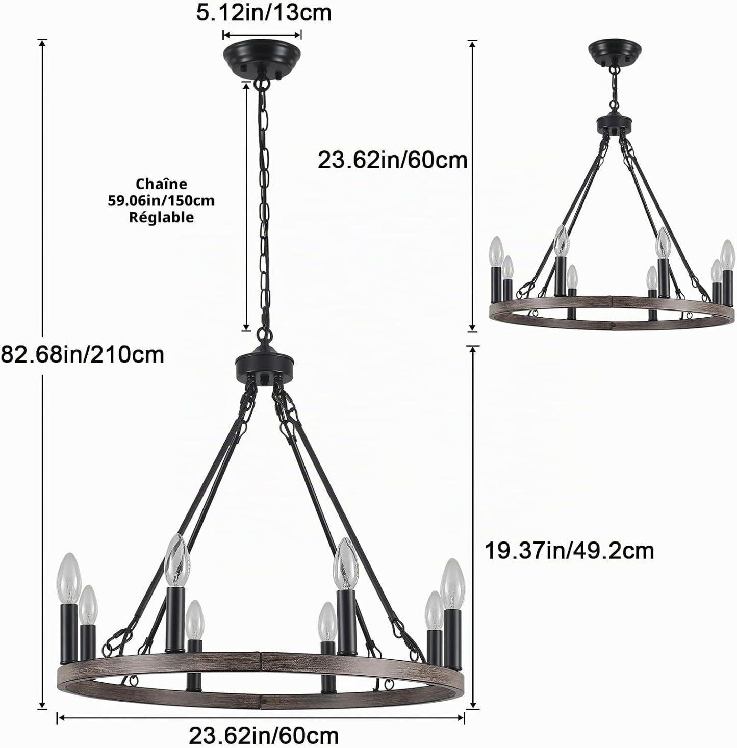 Lustre Noir, 8 Lumières Lustre En Forme De Roue De Charrette, Suspension Plafonnier Industriel Pour Salon, Salle À Manger, Cuisine, Couloir, Chambre, Hauteur Réglable | Lustre Rustique Moderne De Ferme Noir À Suspension, Plafonnier De Salle À Manger Pour