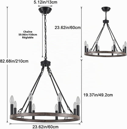 Lustre Noir, 8 Lumières Lustre En Forme De Roue De Charrette, Suspension Plafonnier Industriel Pour Salon, Salle À Manger, Cuisine, Couloir, Chambre, Hauteur Réglable | Lustre Rustique Moderne De Ferme Noir À Suspension, Plafonnier De Salle À Manger Pour