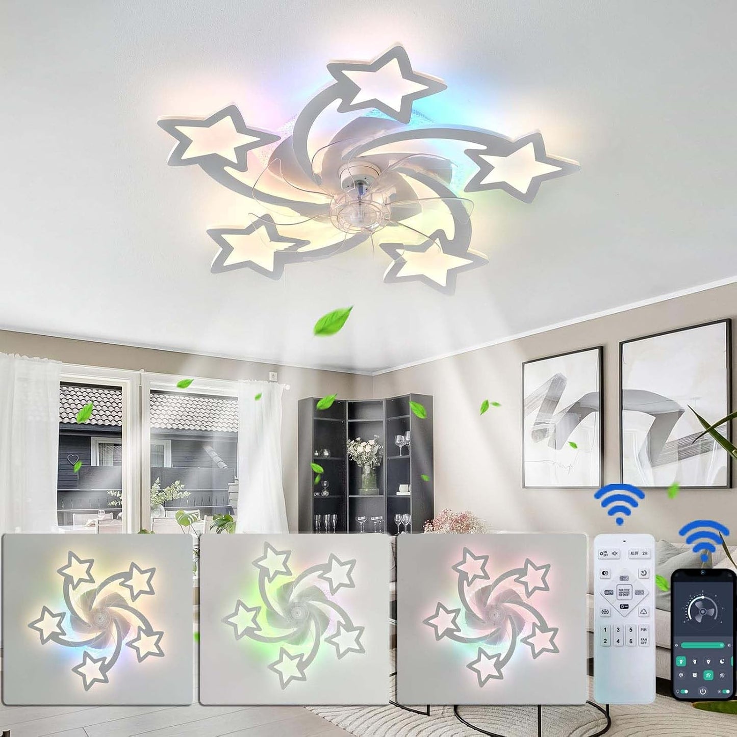 Lampe Ventilateur Plafond Silencieux Reversible Ventilateur Plafond Avec Telecommande Star RGB Suspension Luminaire LED Dimmable 6 Vitesses Dc-Motor Plafonnier Ventilateur Design