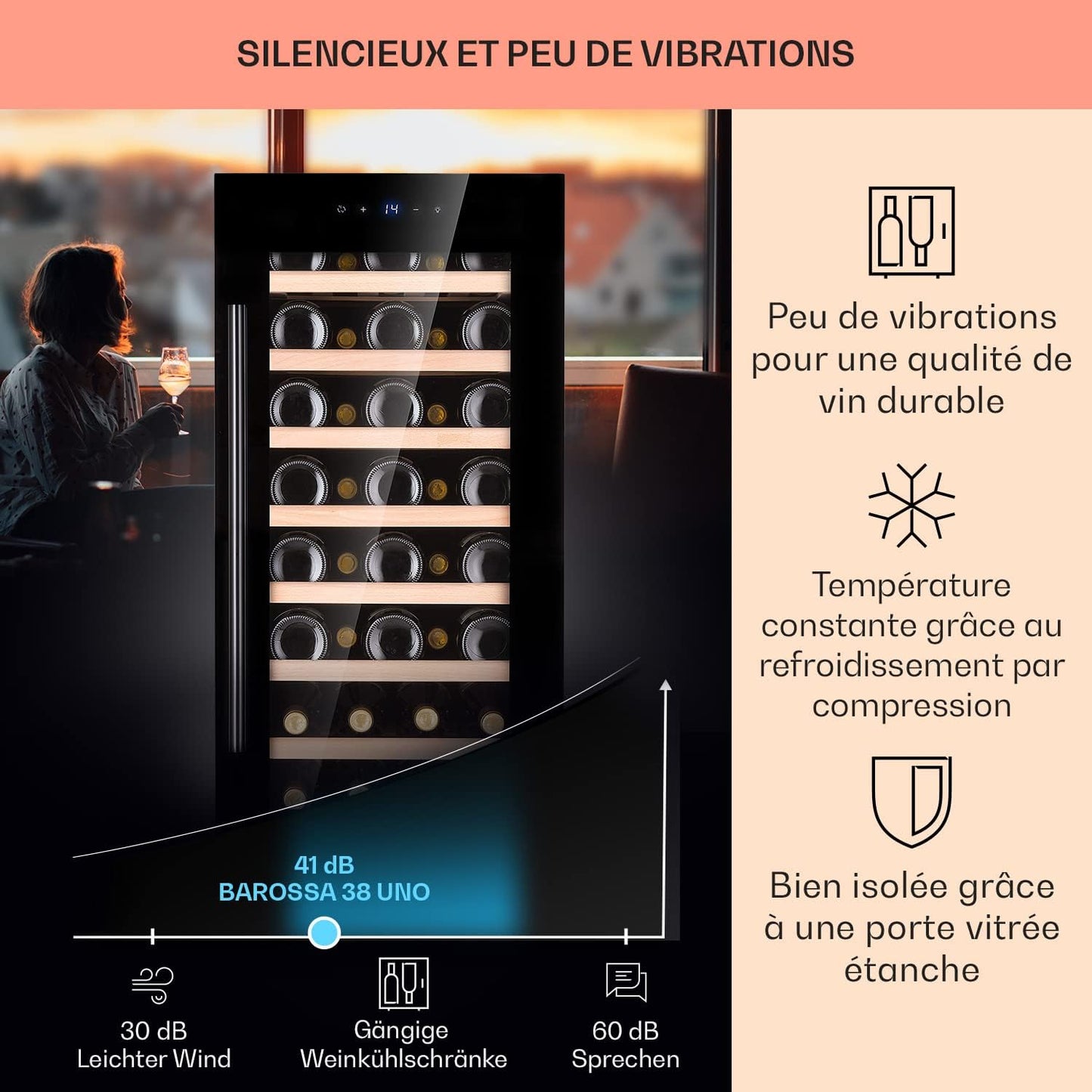 Cave a Vin, Réfrigérateur À Vin Avec Porte En Verre, Cave À Vin De Vieillissement, Zone Unique, Prosecco, Bière, Ecran Tactile, Réfrigérateur Bar, Frigo, Protection UV, 5-18°C, 38 Bouteilles