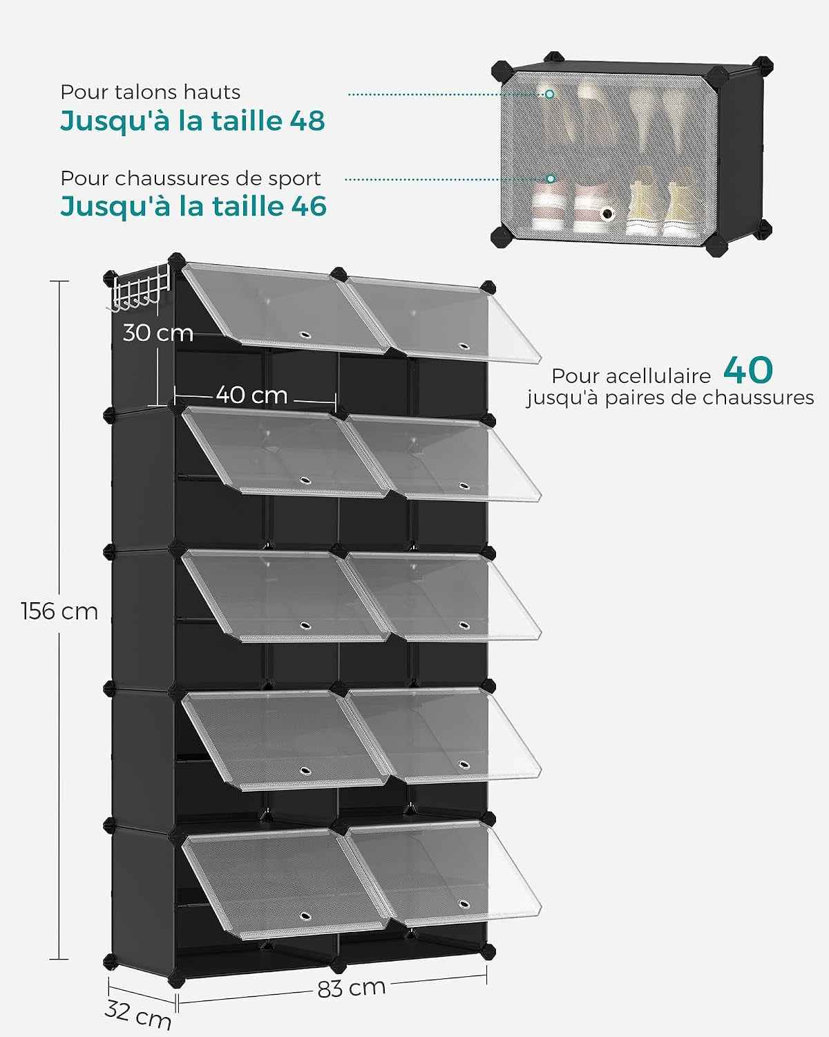 Étagère À Chaussures 10 Compartiments, Étagère De Rangement Modulable, Compartiment De 30 X 40 X 30 Cm, Porte, Cadre En Acier, Plastique, Pour Couloir, Chambre, Entrée, Noir LPC035B01