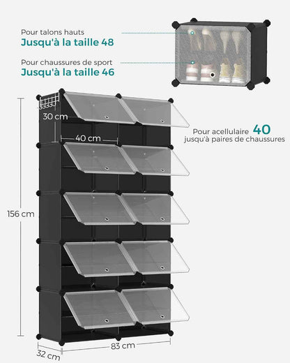 Étagère À Chaussures 10 Compartiments, Étagère De Rangement Modulable, Compartiment De 30 X 40 X 30 Cm, Porte, Cadre En Acier, Plastique, Pour Couloir, Chambre, Entrée, Noir LPC035B01