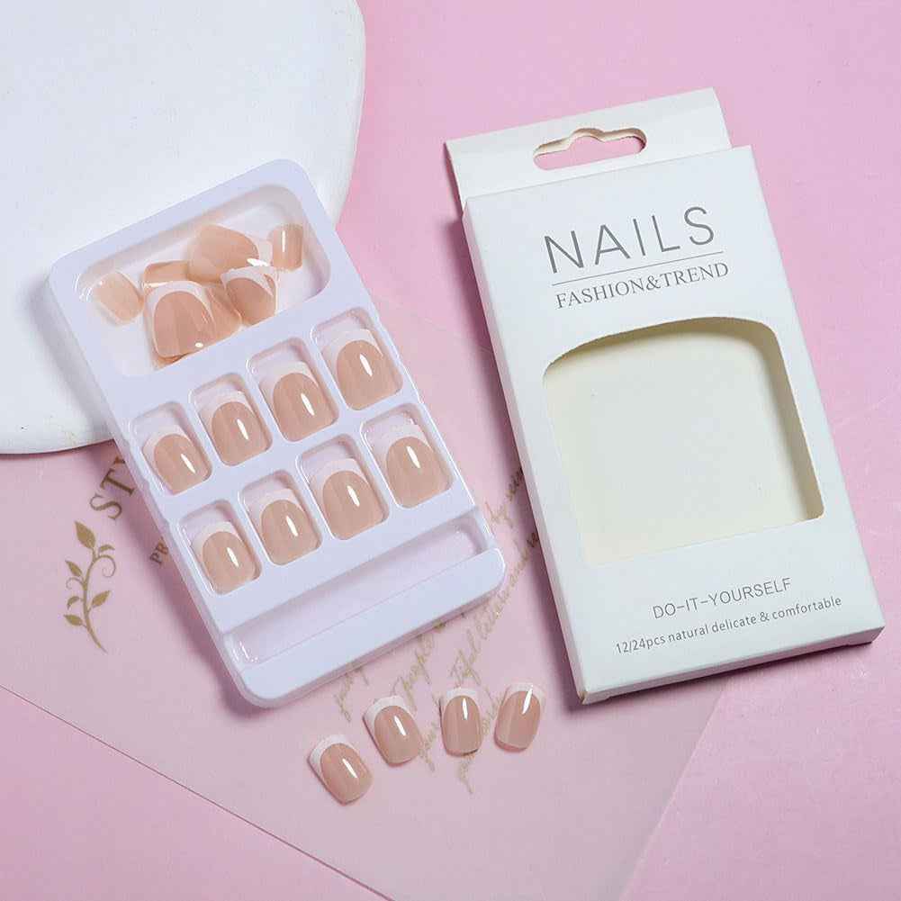 24 Pièces Ongles À Coller Manucure, Faux Ongles Court Carrés Français Rose Nude Ongles, Nails Autocollants Pour Femme Et Fille Nail Art,A