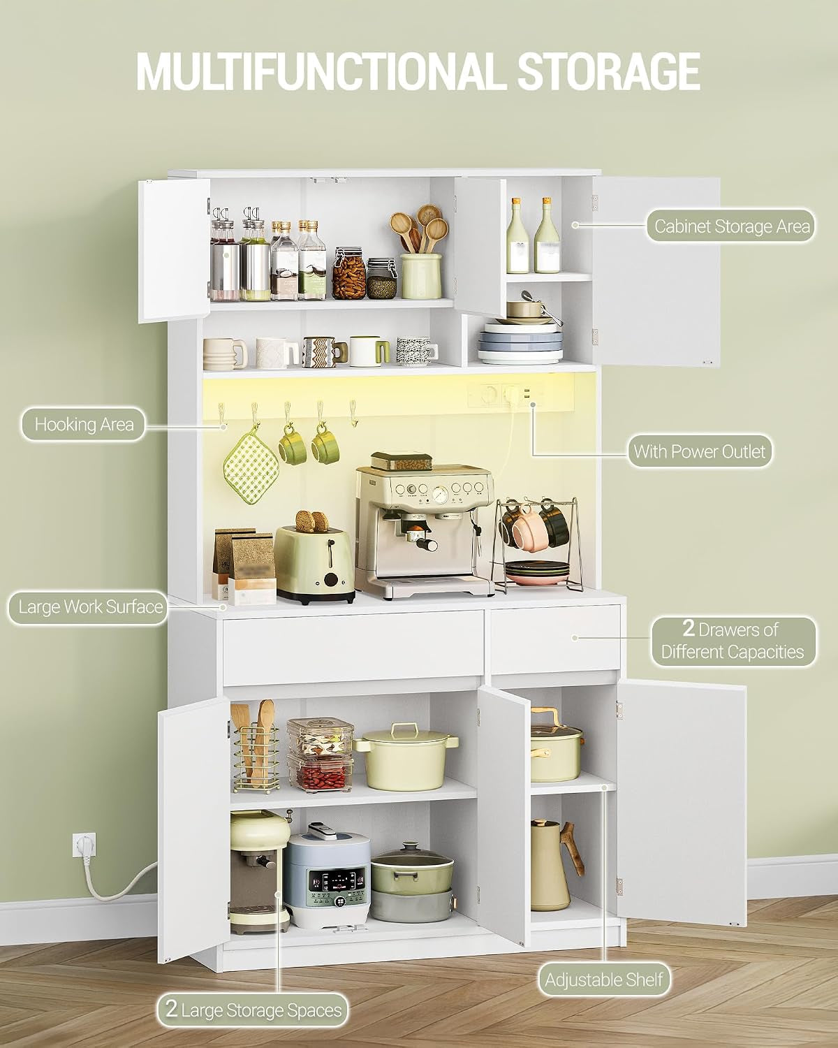 Meuble Cuisine, Buffet Avec Prises Électriques | Meuble De Rangement Cuisine Avec Plans De Travail Et 2 Tiroirs, Cuisine, Salon, 40 X 100 X 180 Cm , Blanc, PT00203XEU