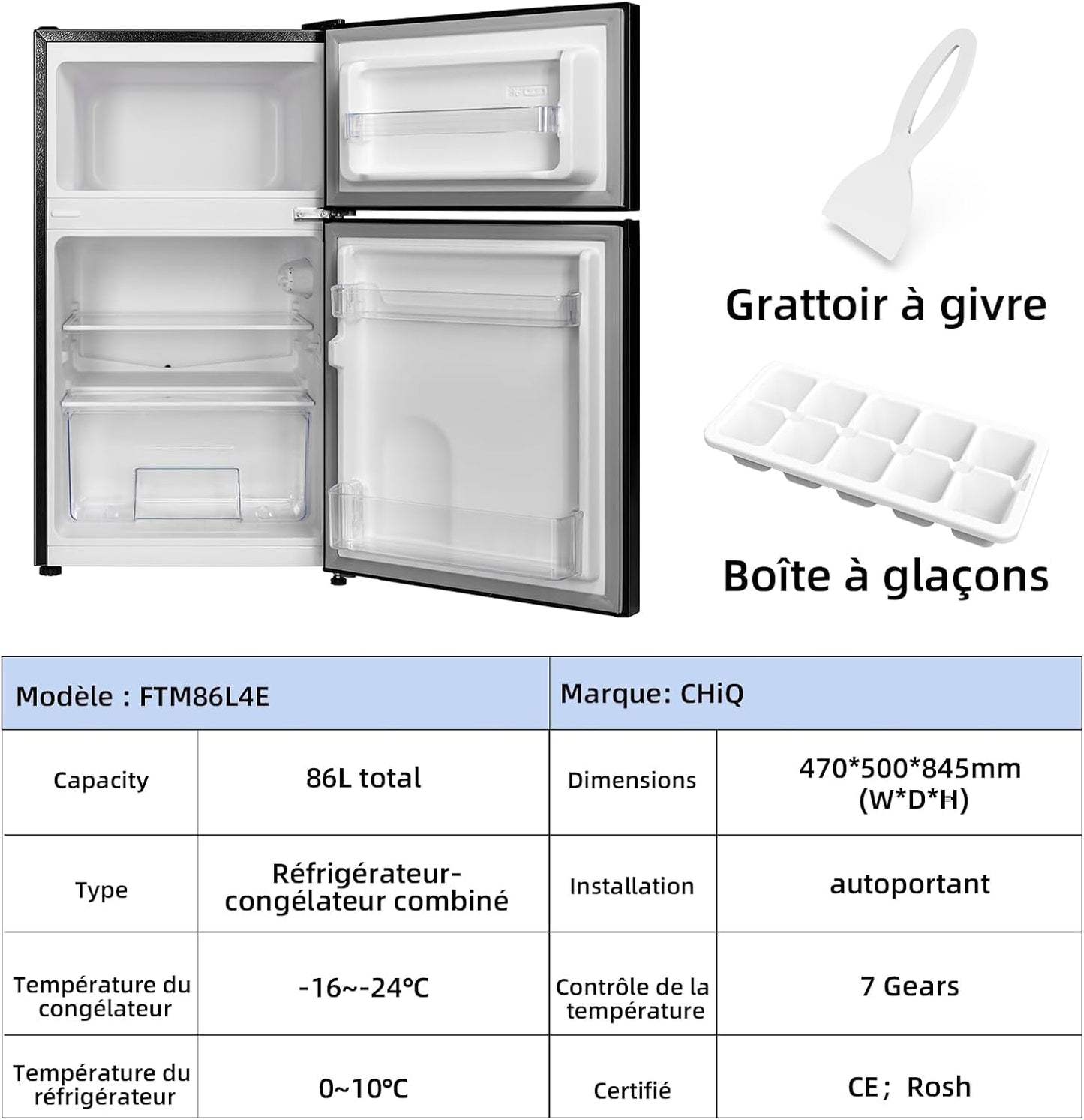 FTM86L4E Réfrigérateur Congélateur, 86 L (61/25), Petit Réfrigérateur Avec 2 Portes, Congélation 4 Étoiles, Casier À Bouteilles, Thermostats Réglables, Faible Bruit, Foncé 2023