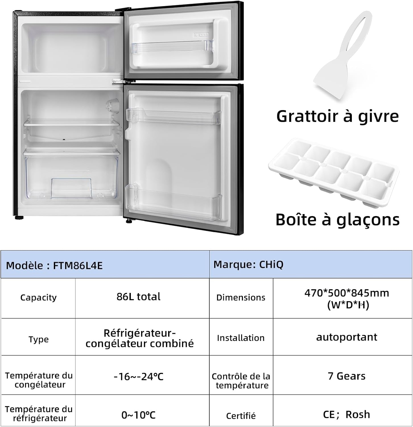 FTM86L4E Réfrigérateur Congélateur, 86 L (61/25), Petit Réfrigérateur Avec 2 Portes, Congélation 4 Étoiles, Casier À Bouteilles, Thermostats Réglables, Faible Bruit, Foncé 2023