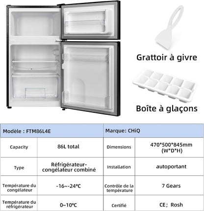 FTM86L4E Réfrigérateur Congélateur, 86 L (61/25), Petit Réfrigérateur Avec 2 Portes, Congélation 4 Étoiles, Casier À Bouteilles, Thermostats Réglables, Faible Bruit, Foncé 2023