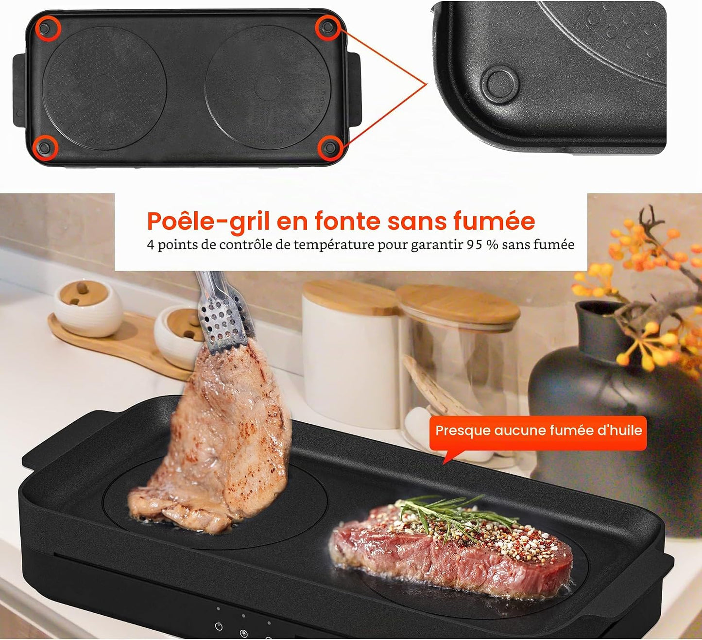 Double Plaque De Cuisson À Induction Avec Poêle En Fonte Amovible Antiadhésive 1800 W 2 Brûleurs Portable Avec Capteur Tactile 9 Niveaux De Puissance, Minuterie De 99 Min, Convient Pour