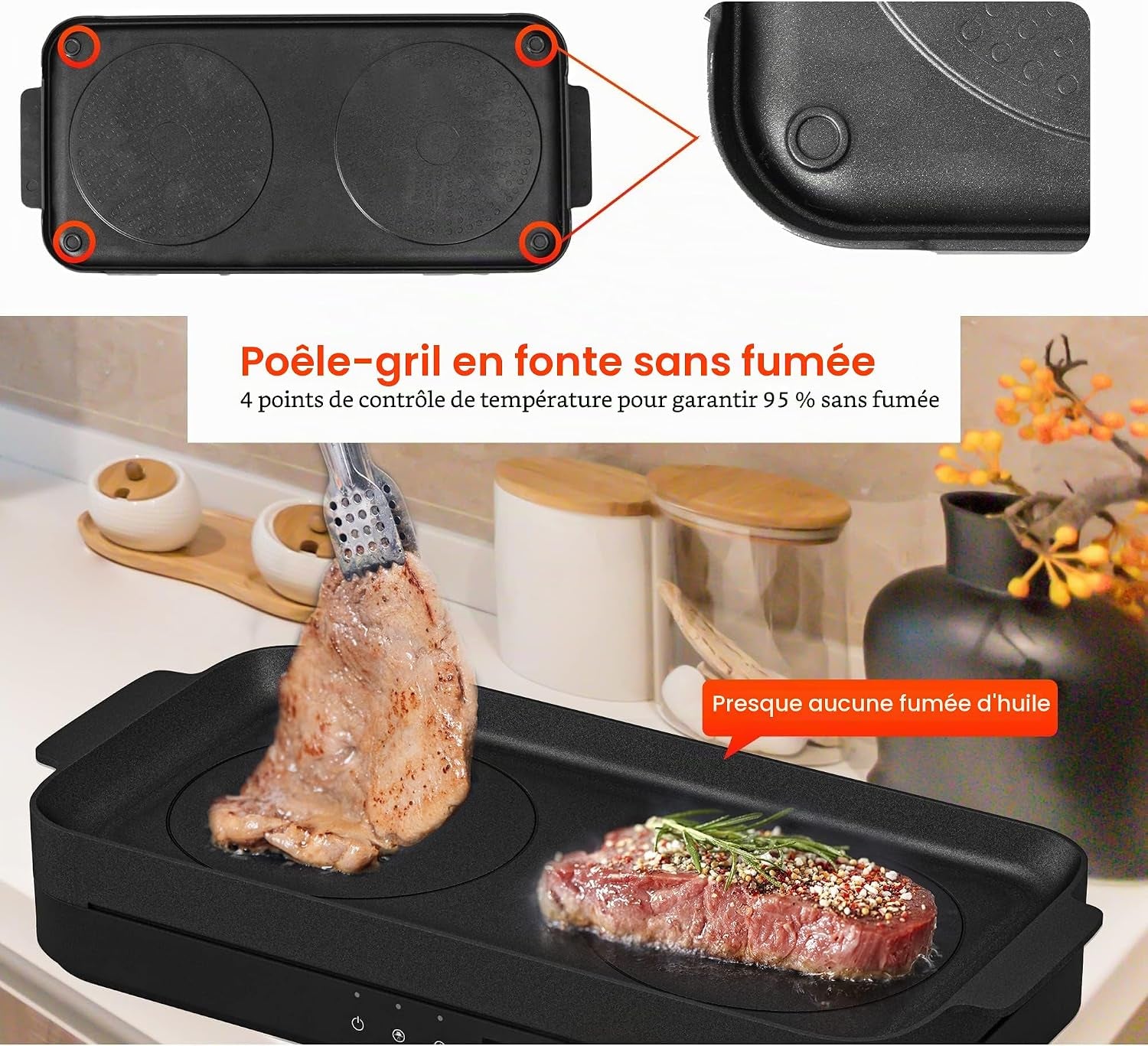 Double Plaque De Cuisson À Induction Avec Poêle En Fonte Amovible Antiadhésive 1800 W 2 Brûleurs Portable Avec Capteur Tactile 9 Niveaux De Puissance, Minuterie De 99 Min, Convient Pour