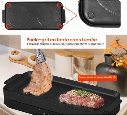 Double Plaque De Cuisson À Induction Avec Poêle En Fonte Amovible Antiadhésive 1800 W 2 Brûleurs Portable Avec Capteur Tactile 9 Niveaux De Puissance, Minuterie De 99 Min, Convient Pour