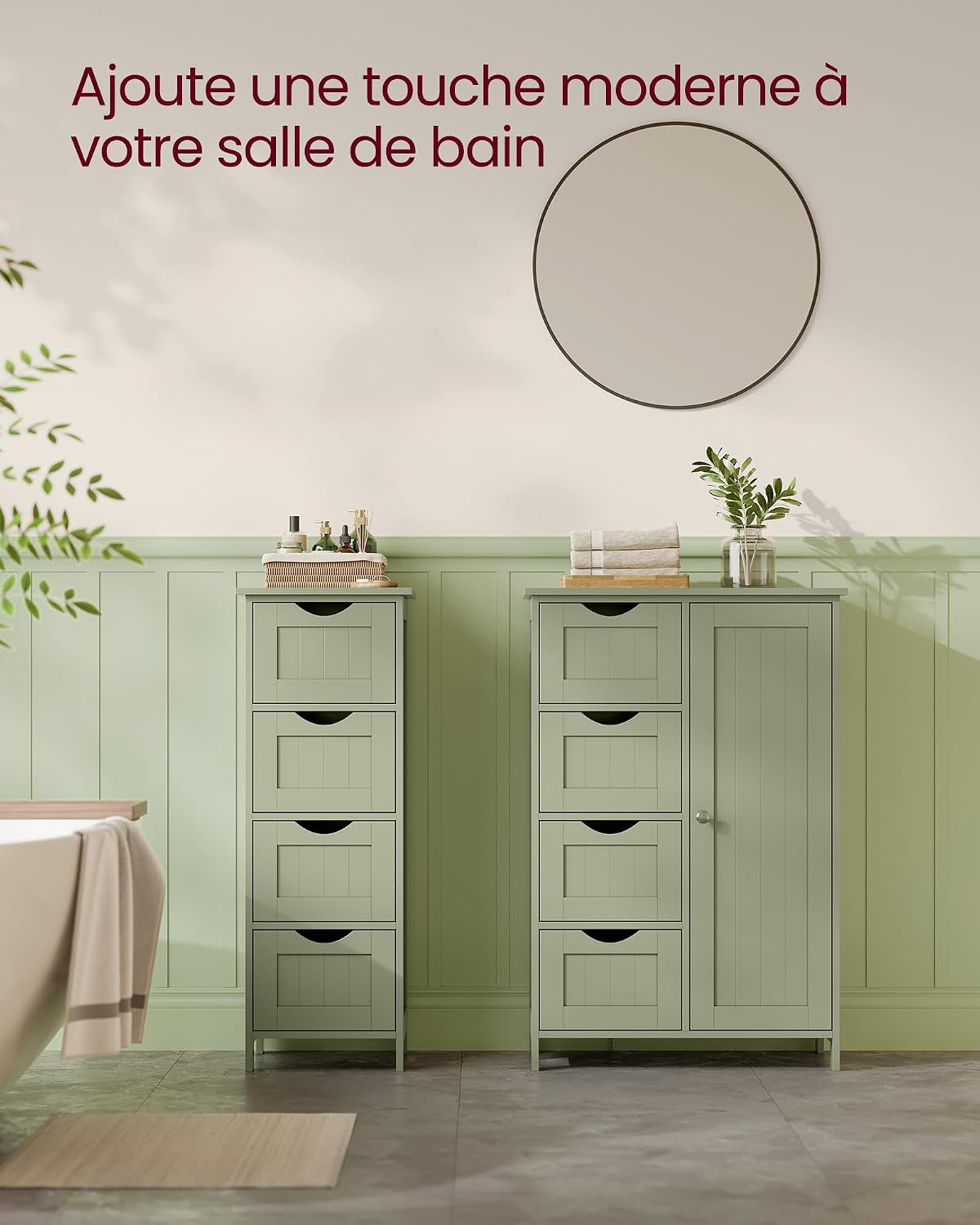 Meuble Salle De Bain Rangement, Armoire Gain De Place, Commode, Avec 4 Tiroirs, Placard Avec Porte, Étagère Réglable, 30 X 55 X 82 Cm, Vert Forêt LHC041C02