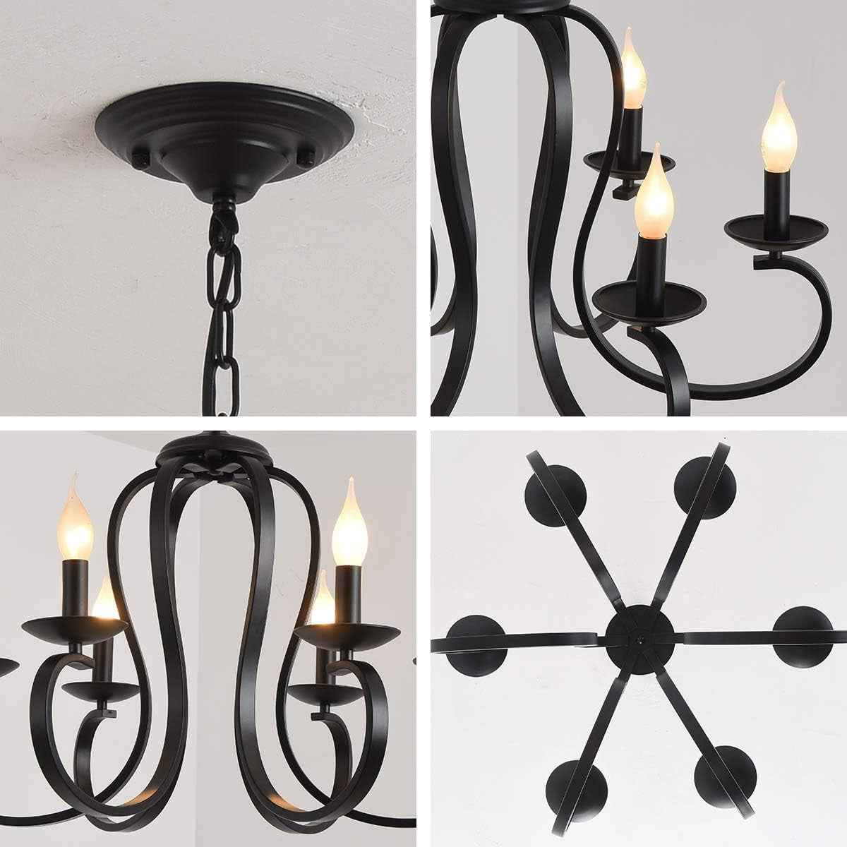 Lustre Vintage Français Pays Métal 6 Lumières Noir | Bougie Style Chaîne Réglable Suspendu Pour Salle À Manger Cuisine Îlot Foyer Ferme Éclairage Rustique