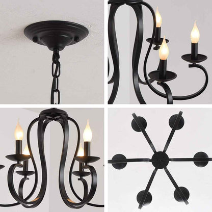 Lustre Vintage Français Pays Métal 6 Lumières Noir | Bougie Style Chaîne Réglable Suspendu Pour Salle À Manger Cuisine Îlot Foyer Ferme Éclairage Rustique
