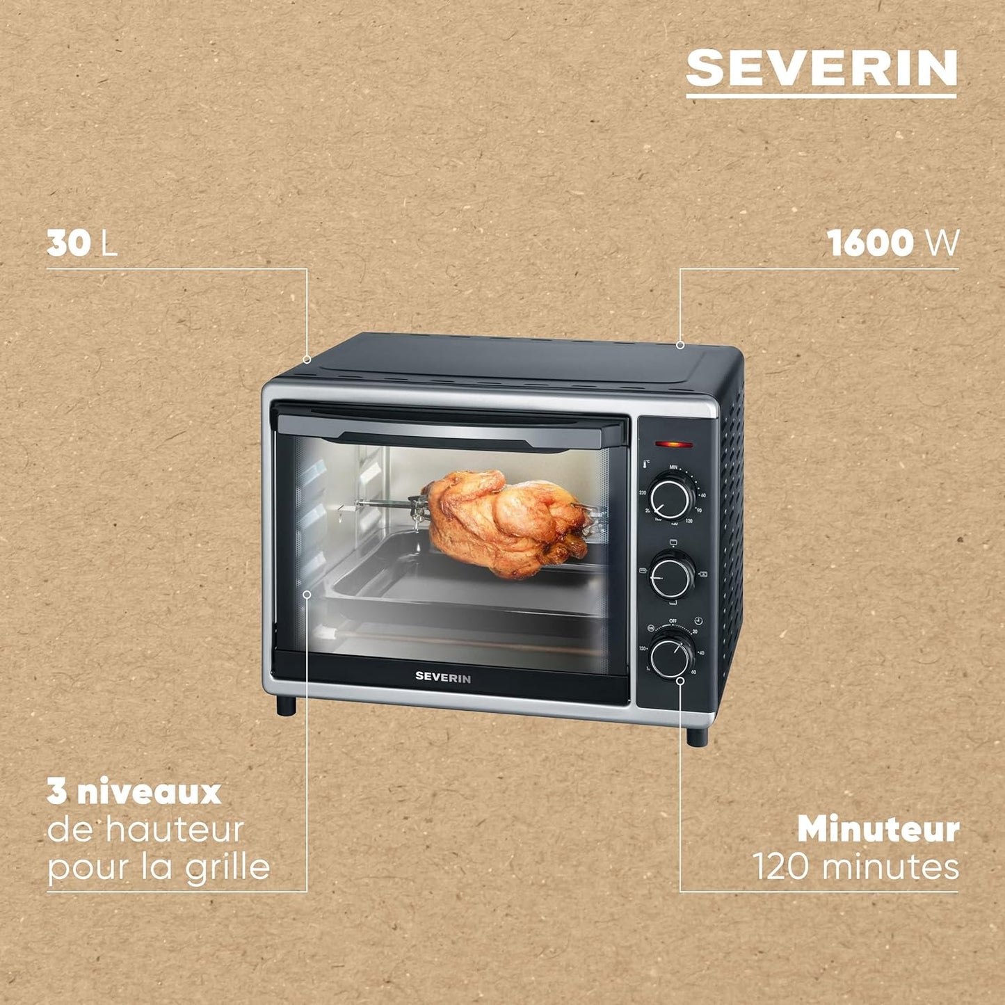 Mini-Four À Chaleur Tournante 30 L Avec Tournebroche, Four Posable 1 600 W Design Simple Et Élégant Électrique Avec Minuteur 120 Min, Noir/Inox, to 2056