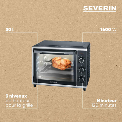 Mini-Four À Chaleur Tournante 30 L Avec Tournebroche, Four Posable 1 600 W Design Simple Et Élégant Électrique Avec Minuteur 120 Min, Noir/Inox, to 2056