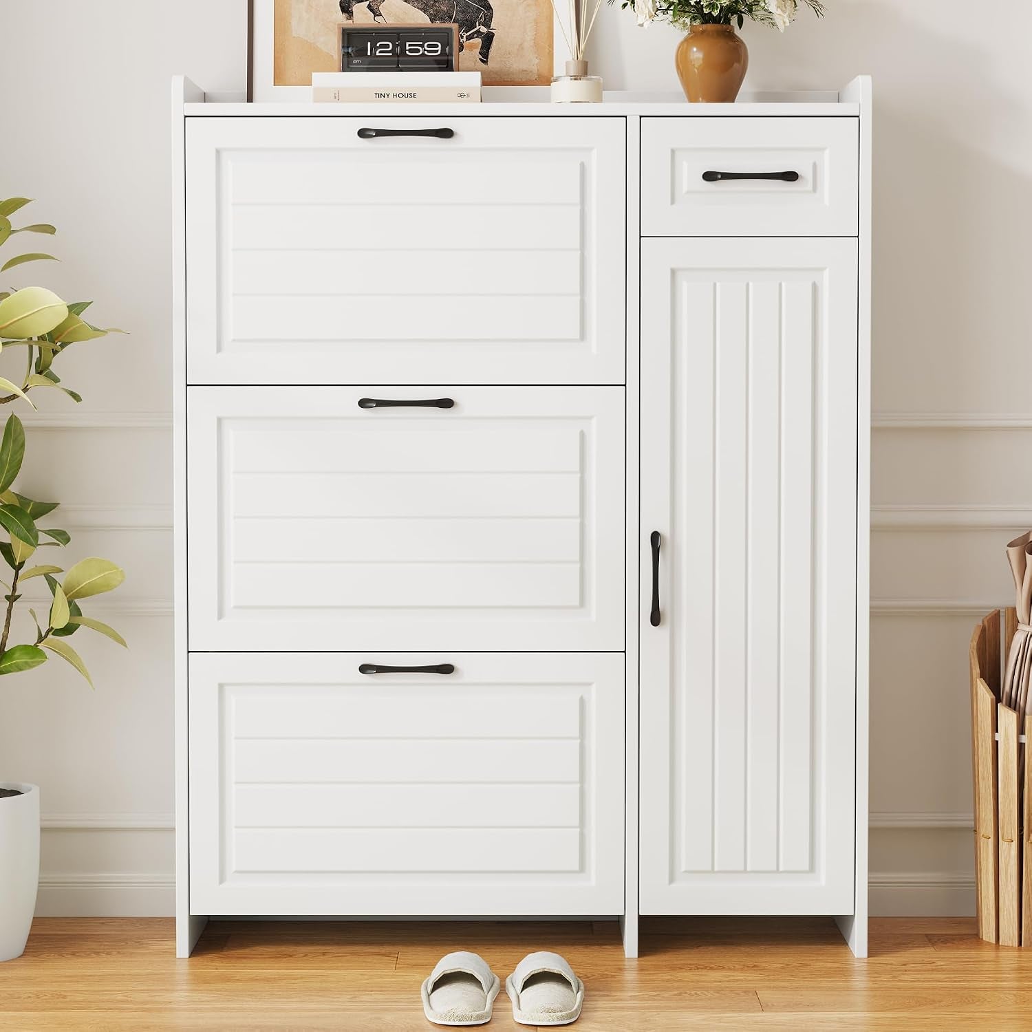 Meuble À Chaussures Avec 3 Compartiments Abattants, Tiroir, Compartiment Latéral À Étagères Réglables, Armoire À Chaussures Pour Entrée, Blanc