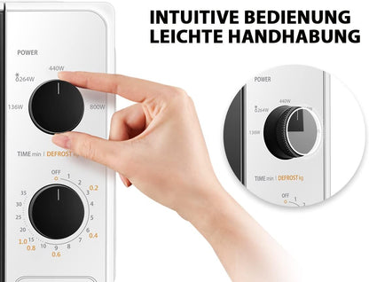 Micro-Ondes 20 L MM2-MM20PF(WH), 800W, 5 Niveaux De Puissance, Minuterie De Cuisine, Ampoule LED, Plateau Tournant Amovible, Dégivrage Facile, Blanc