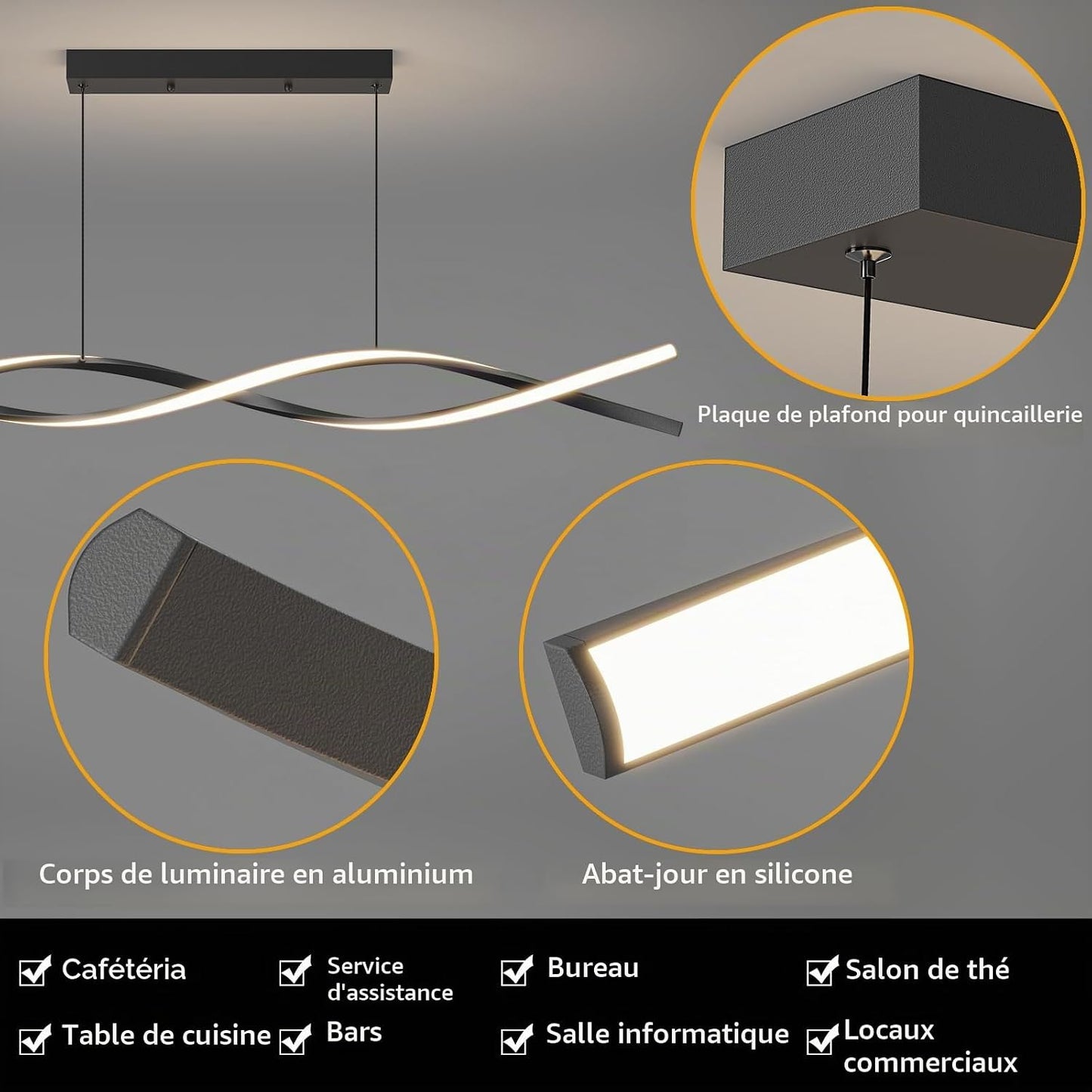 Lampe De Table De Salle À Manger Suspendue 100Cm, Lampe De Table De Salle À Manger Noire Avec Télécommande, Luminosité Réglable De 1% À 100% Et 3 Couleurs De Lumière Chandelier De Cuisine