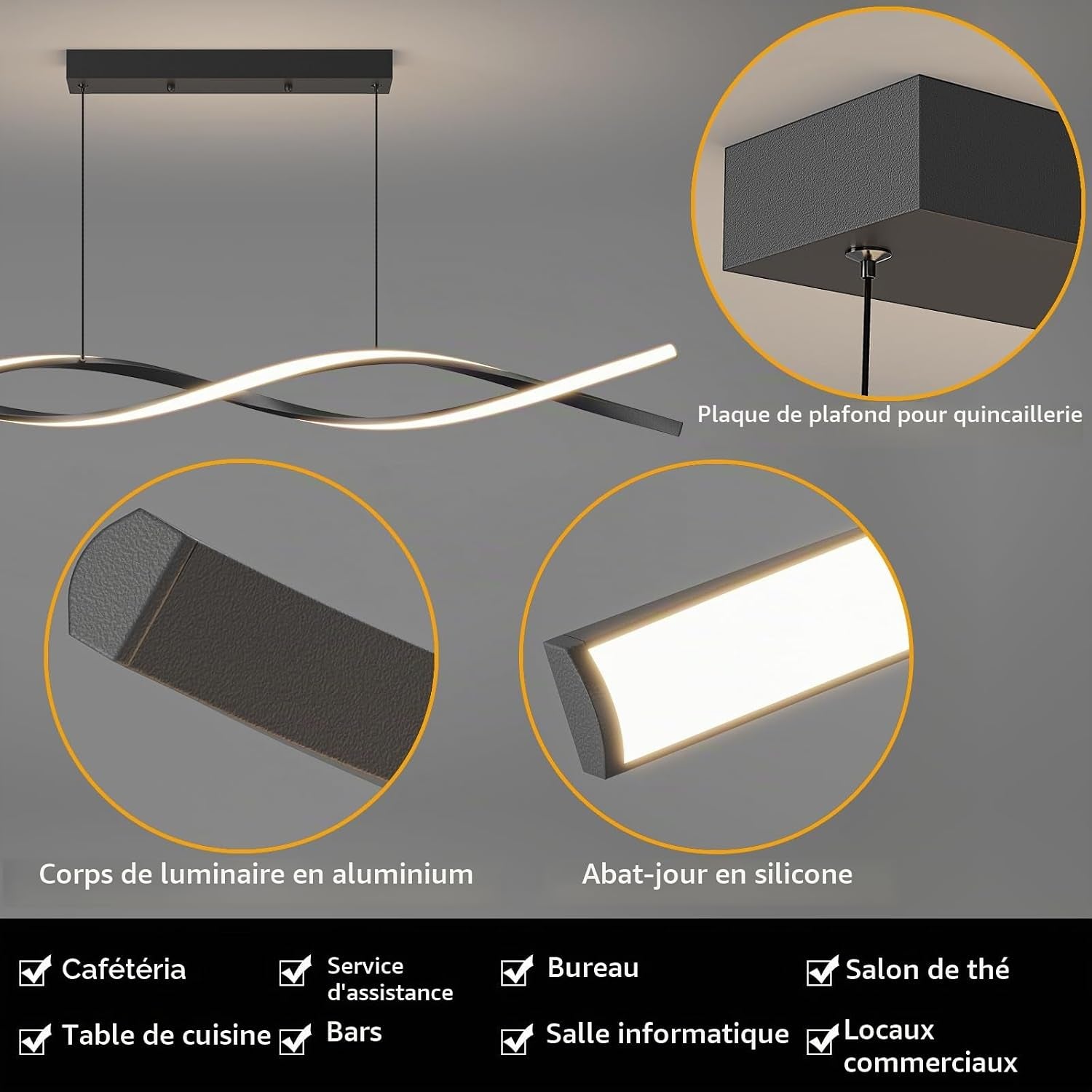 Lampe De Table De Salle À Manger Suspendue 100Cm, Lampe De Table De Salle À Manger Noire Avec Télécommande, Luminosité Réglable De 1% À 100% Et 3 Couleurs De Lumière Chandelier De Cuisine