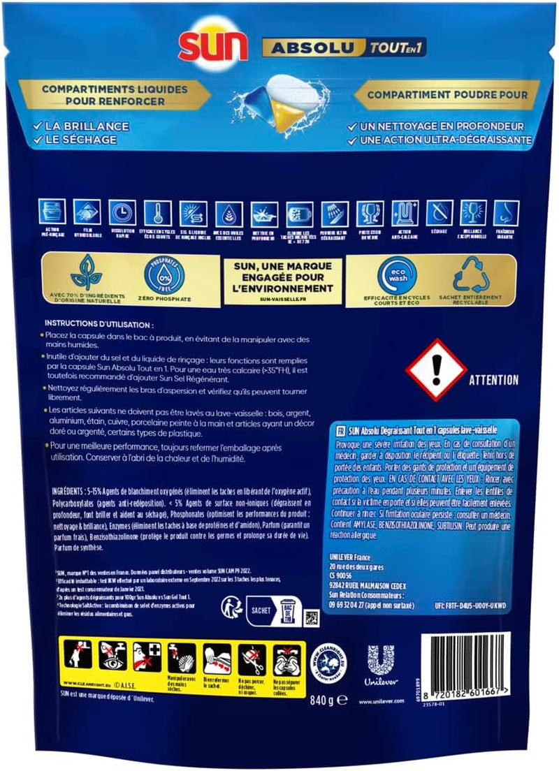 Pastilles Lave-Vaisselle Absolu Tout-En-1 Dégraissant - 56 Capsules - Tablettes Imbattables Sur Les Taches Tenaces - 2X plus De Pouvoir Dégraissant
