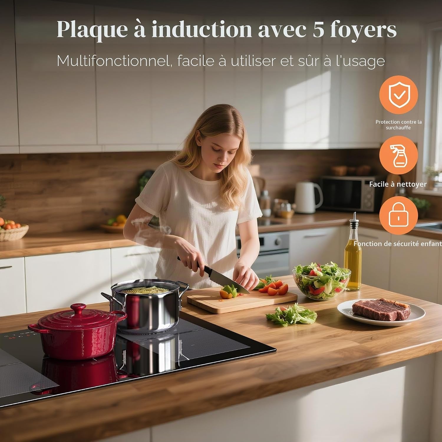 Plaque Induction Avec Flexizone, Plaque De Cuisson Electrique 5 Feux | Boost, Verrouillage Enfant, Pause Et Minuterie, 9 Niveaux De Puissance, Encastrable, 77 CM, 7200W, 220-240V, Sans Prise