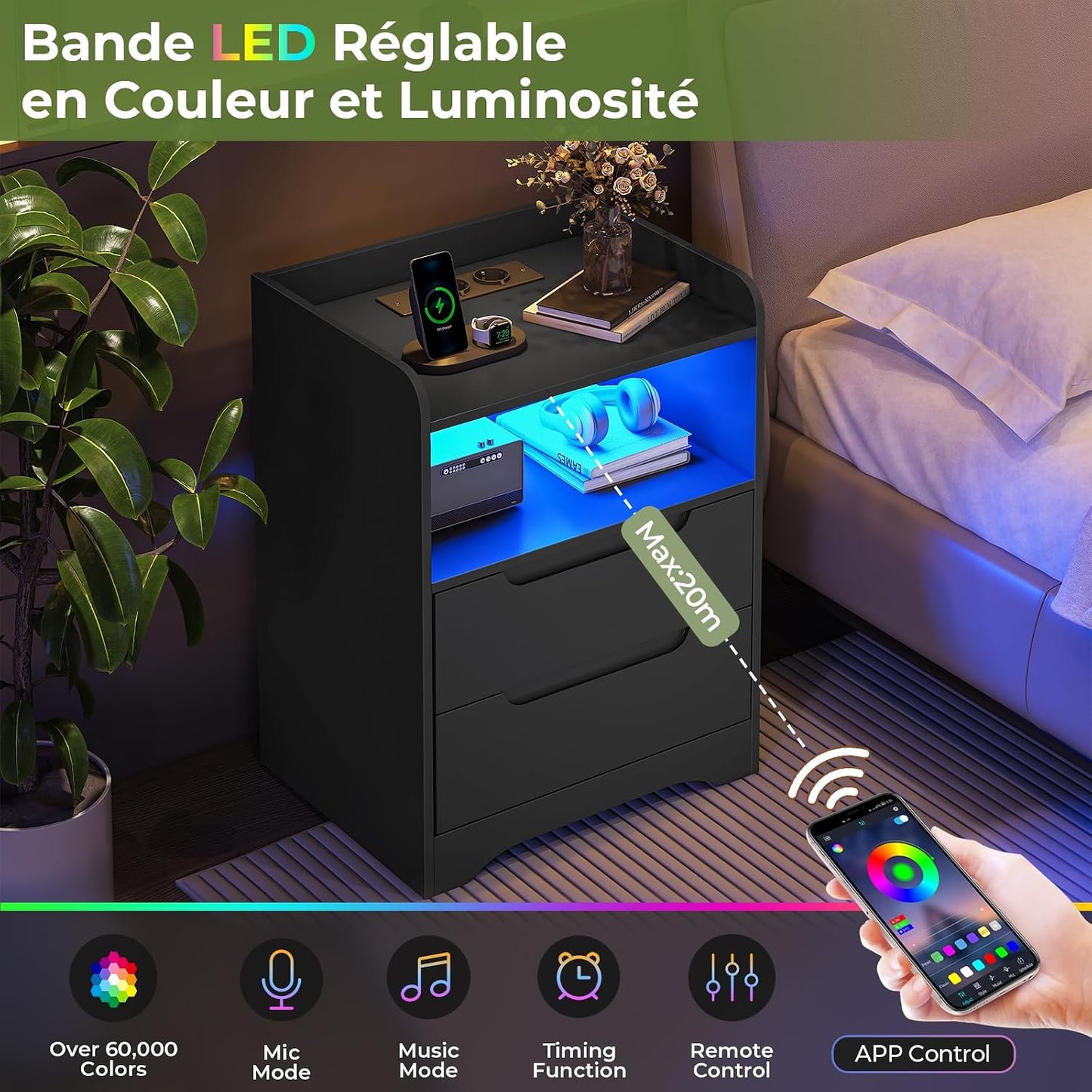 Table De Chevet Lot De 2 Avec Lumières LED Et Multiprise (2 Prises CA, 2 Ports USB) Table De Nuit Lot De 2 Avec 1 Compartiment Ouvert Et 2 Tiroirs Pour Salon, Chambre, Bureau, Moderne, Noir