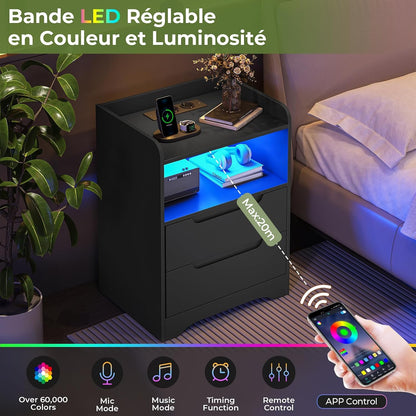 Table De Chevet Lot De 2 Avec Lumières LED Et Multiprise (2 Prises CA, 2 Ports USB) Table De Nuit Lot De 2 Avec 1 Compartiment Ouvert Et 2 Tiroirs Pour Salon, Chambre, Bureau, Moderne, Noir