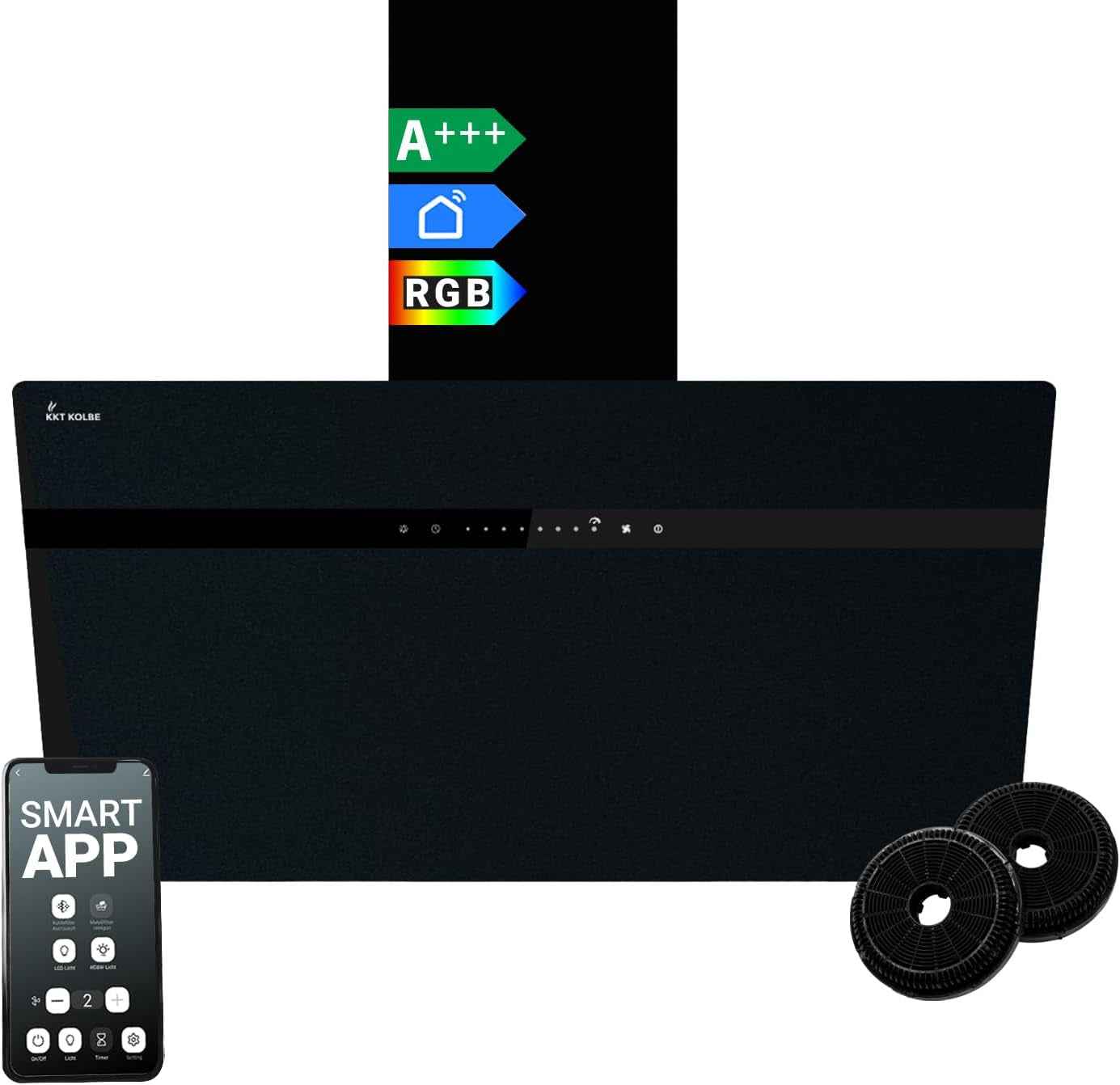 Hotte Aspirante Cuisine 80 Cm | Inclinées | Acier Inoxydable | Verre Noir | Wifi | Arrête Automatiquement | Éclairage LED RVB | Opération Tactile | STYLE8005SMAO